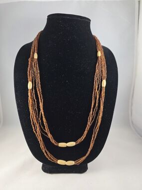 Hand-Strung Brown Seed Bead Multi-Strand Necklace with Wood Bead Accents
